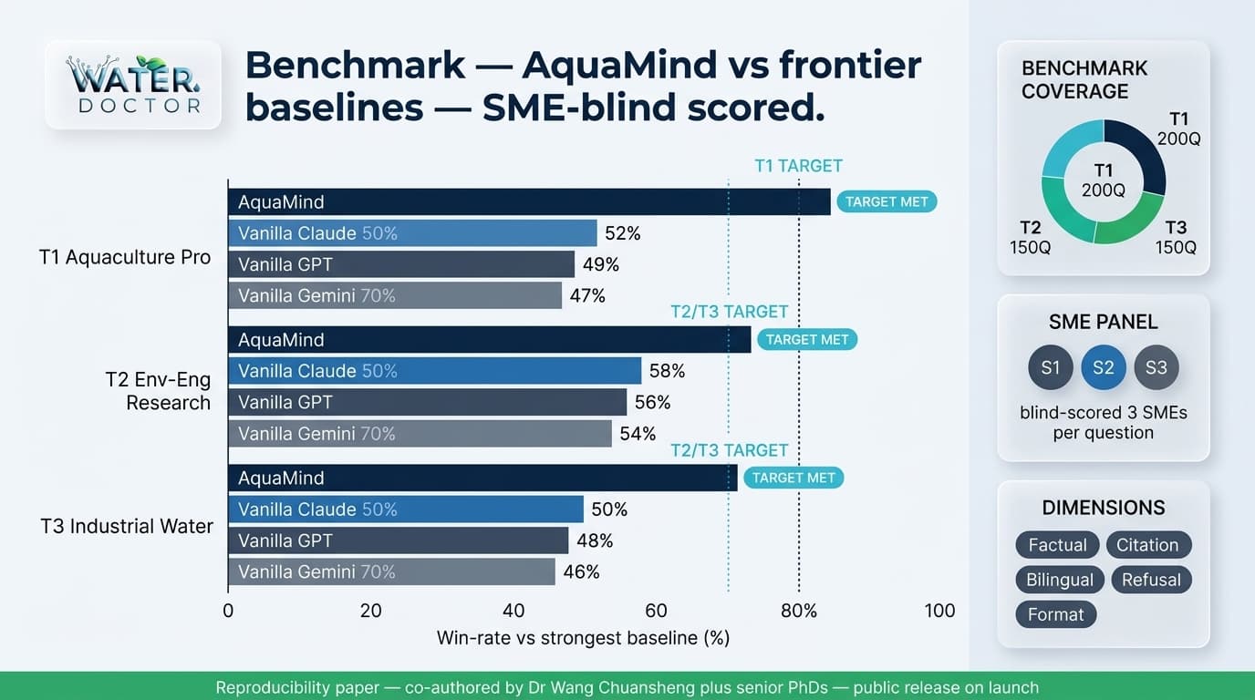 AquaMind 与前沿基线对比 — T1/T2/T3 三赛道 SME 盲评基准