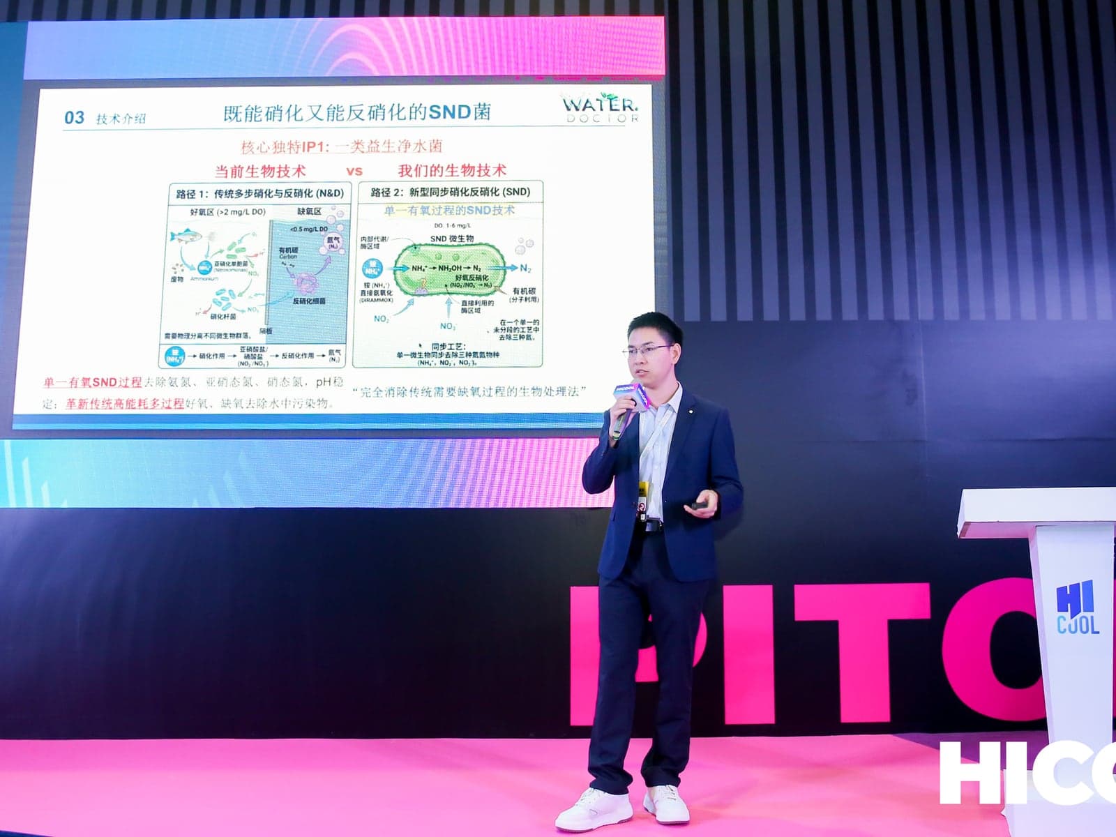 Founder Dr. Wang Chuansheng presenting WaterDoctor's SND Bacteria on the pitch stage at the HICOOL 2026 Global Entrepreneurs Summit in Beijing.