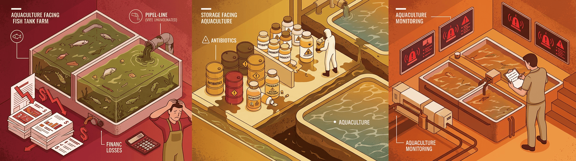 Aquaculture industry challenges: tank crashes causing financial losses, antibiotic overuse, and outdated manual monitoring